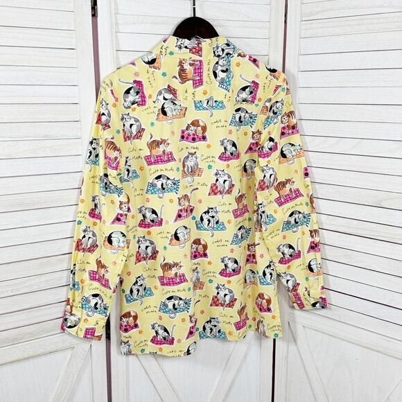 Chatterprintz Cats on Mats Button Up Shirt Yellow Small Long Sleeve - Picture 8 of 11